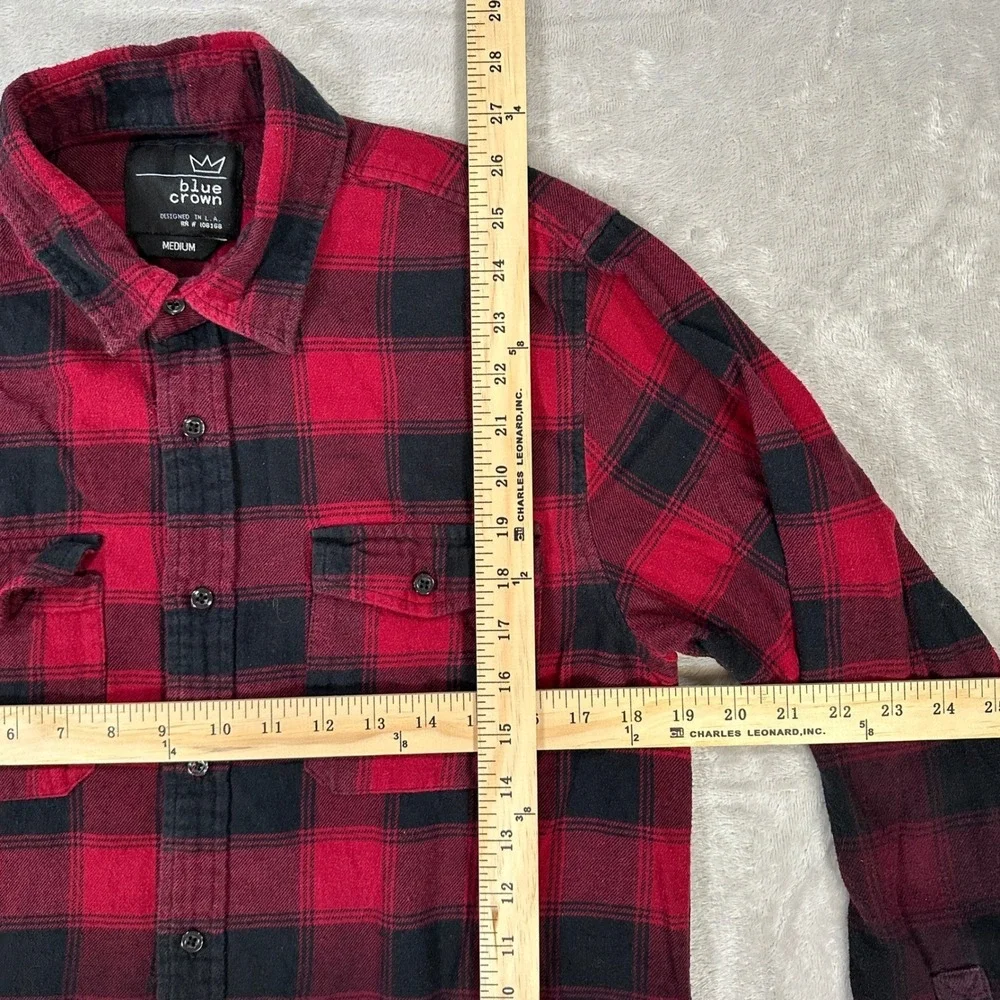 Blue Crown Red Black Plaid Flannel Shirt Long Sleeve Button Up Men's Medium - Picture 4 of 5